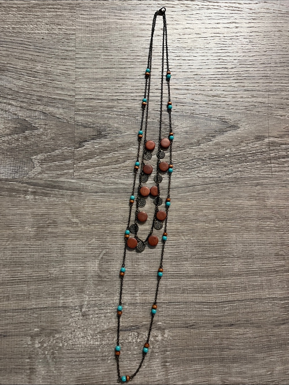 Bohemian Multi-Strand Brown and Turquoise Bead Necklace